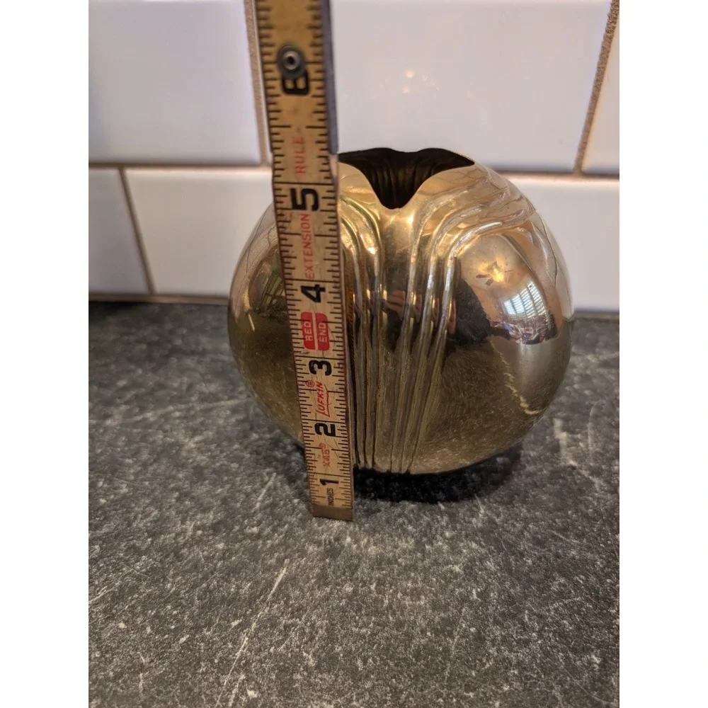 Vintage Brass Art Deco Ribbed Orb Bud Vase Round Polished Gold Tone MCM Decor